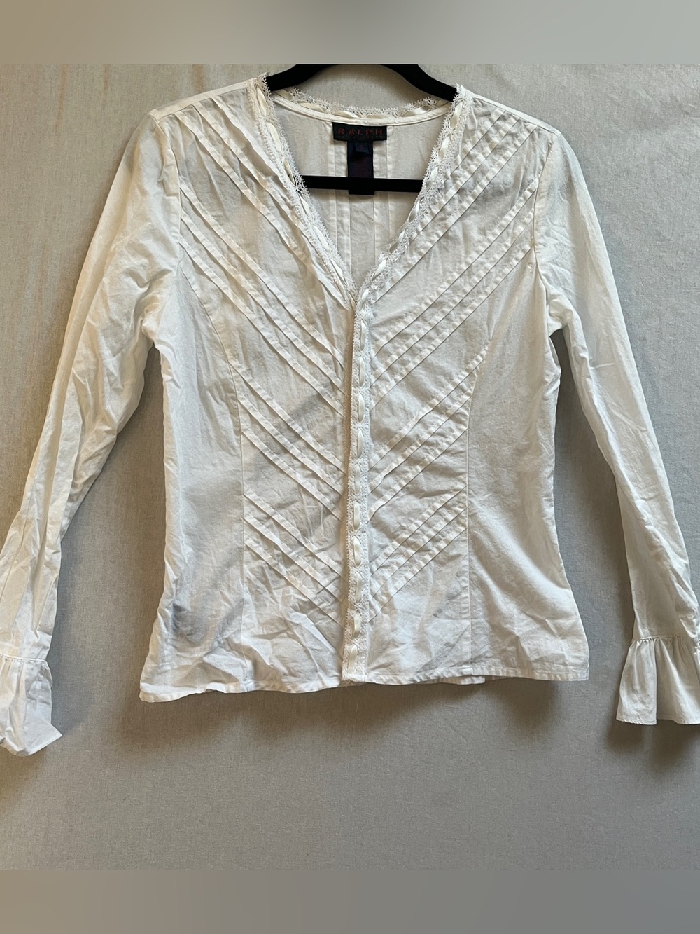 Ralph Lauren White Pintuck Lace Ruffle Fluted Cuff Long Sleeve Cotton Blouse Top